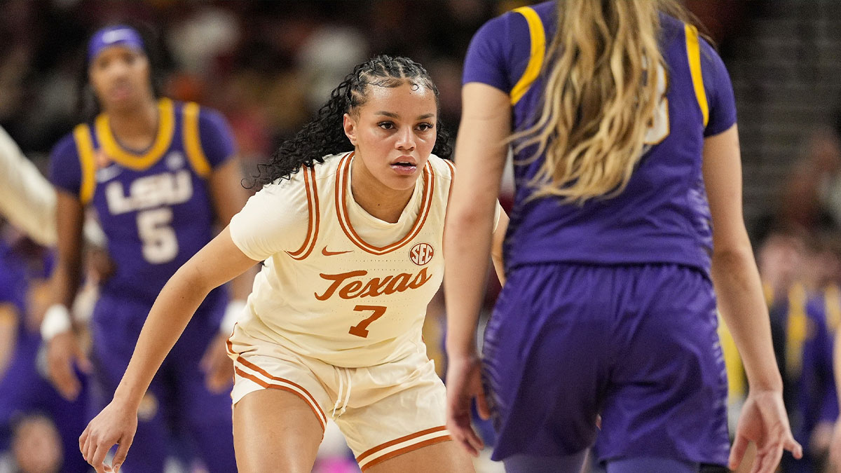 Texas women's basketball guard Jordan Lee (7) defends against LSU Lady Tigers guard Last-Tear Poa (13) during the second half at Bon Secours Wellness Arena.