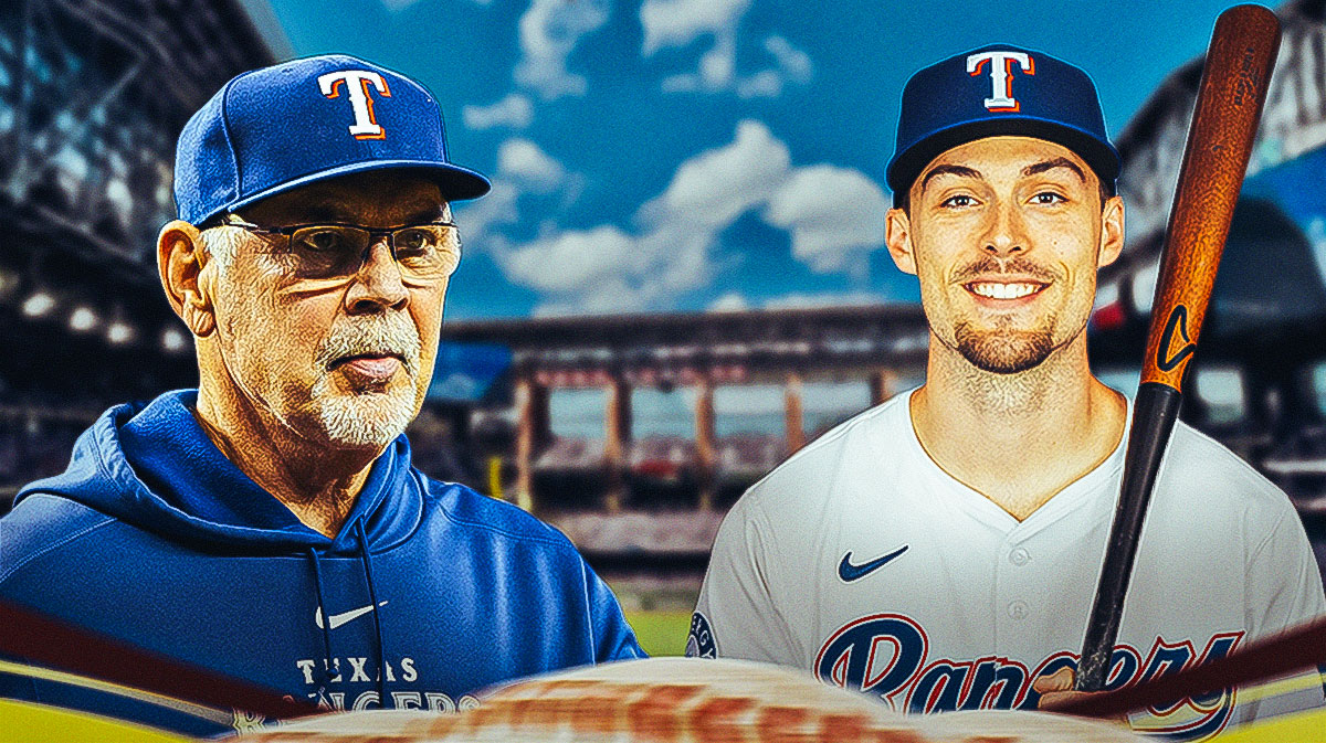 Texas Rangers manager Bruce Bochy and Evan Carter batting in a Rangers uniform as carter will start the season in the minors