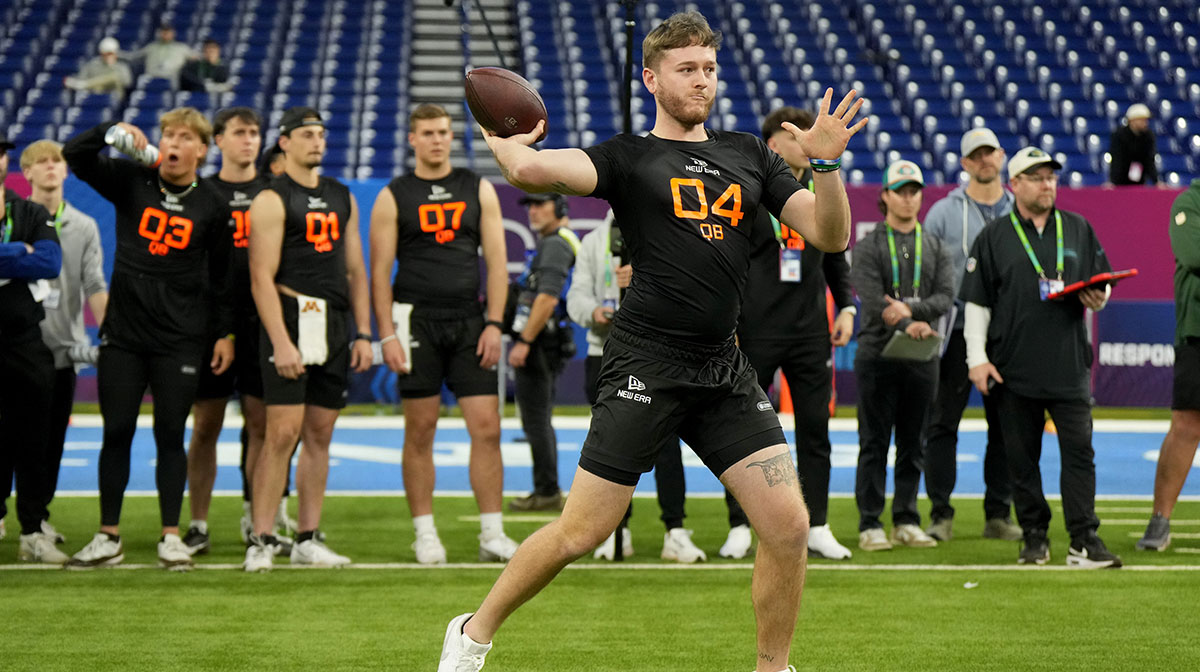 Texas quarterback Quinn Ewers (QB04) during the 2025 NFL Combine at Lucas Oil Stadium.
