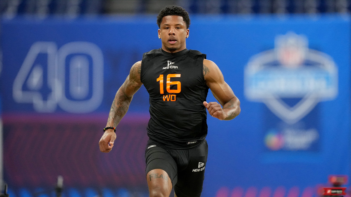 Texas wideout Matthew Golden (WO16) during the 2025 NFL Combine at Lucas Oil Stadium.