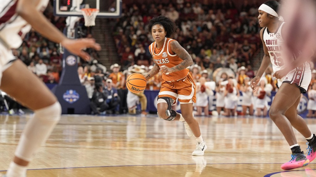 Texas Longhorns guard Rori Harmon (3) brings the ball up court looking to pass against the South Carolina Gamecocks during the first half.