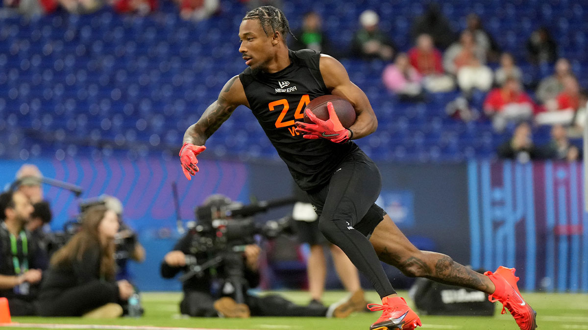 Oregon wideout Tez Johnson (WO24) during the 2025 NFL Combine at Lucas Oil Stadium