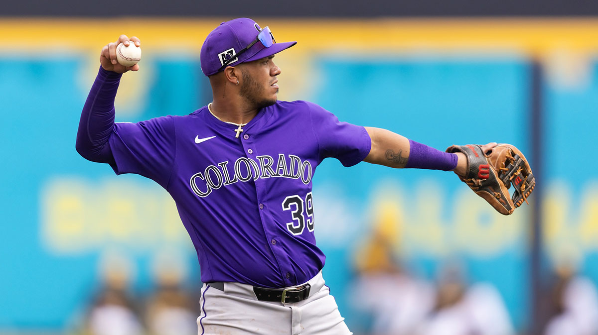 Colorado Rockies infielder Thairo Estrada against the San Diego Padres during a spring training game at Peoria Sports Complex.