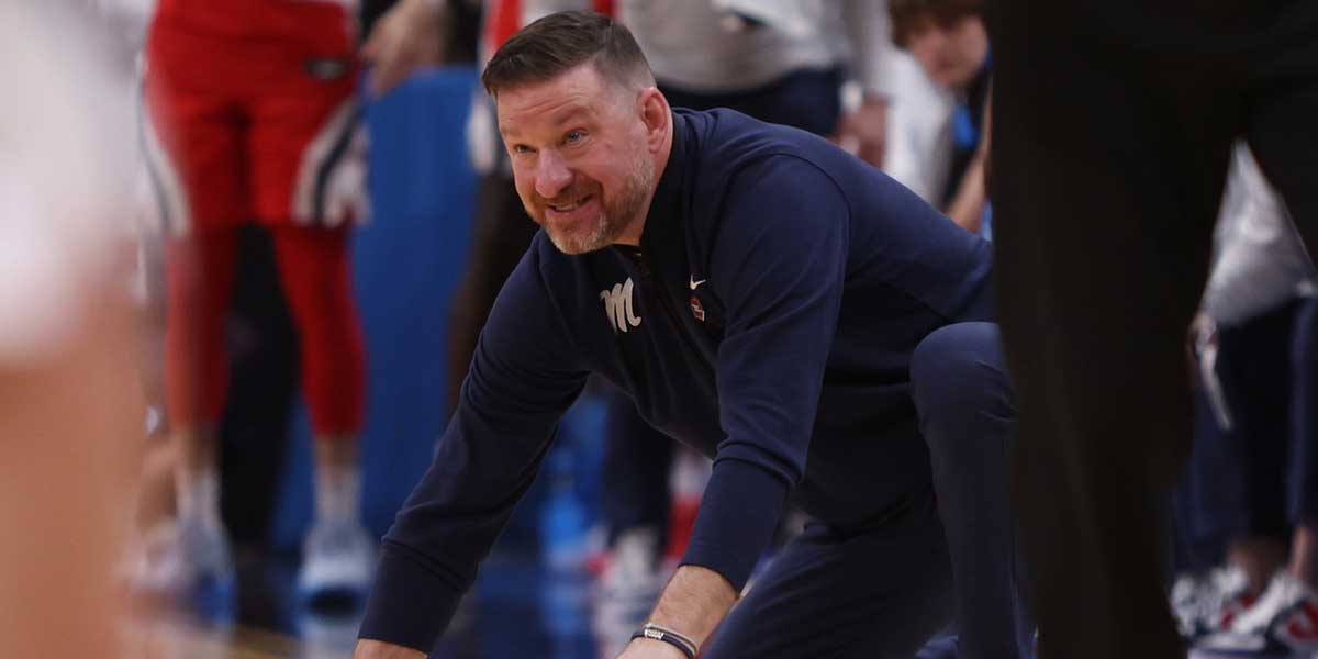 Mississippi Rebels head coach Chris Beard in the second half of a South Regional semifinal of the 2025 NCAA tournament against the Michigan State Spartans at State Farm Arena.