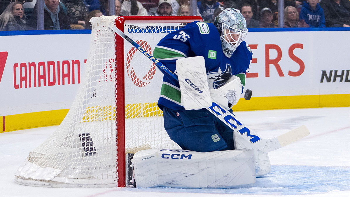 Vancouver Canucks goalie Thatcher Demko (35) makes a save against the Toronto Maple Leafs in the first period at Rogers Arena.