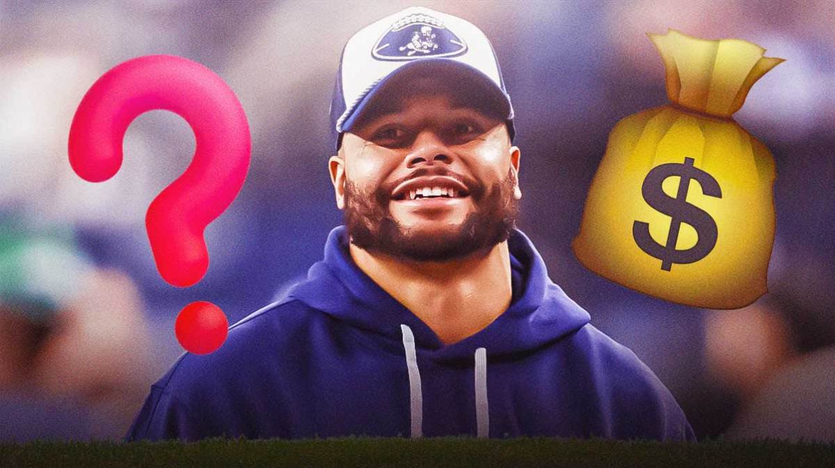 Dak Prescott with the ❓emojis and the💰emojis around him