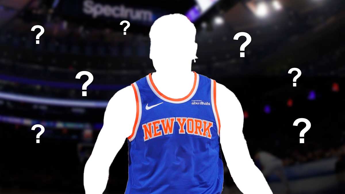 A Miles McBride shaped shadow figure/cut out image in a Knicks' jersey with question marks all around him