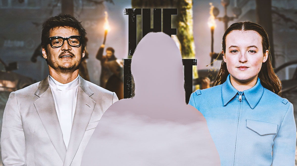 The Last of Us Season 2 stars Pedro Pascal, Kaitlyn Dever (who plays Abby) as a silhouette, and Bella Ramsey with series logo behind them.