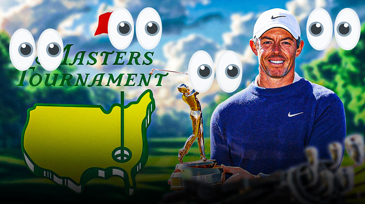 Rory McIlroy on right. Masters logo on left. 👀 emojis all around