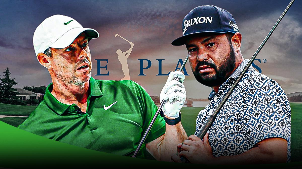 Rory McIlroy on left. JJ Spaun on right. PLAYERS Championship logo in middle