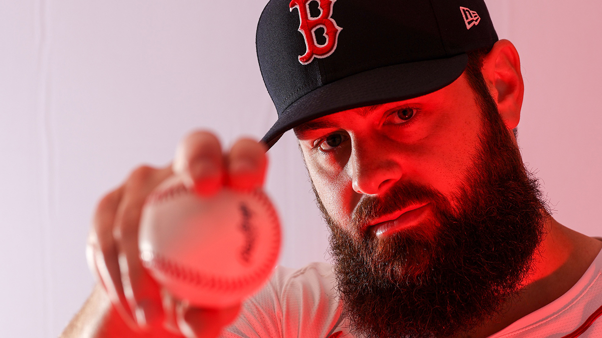 Boston Red Sox pitcher Lucas Giolito (54) participates in media day at JetBlue Park at Fenway South.