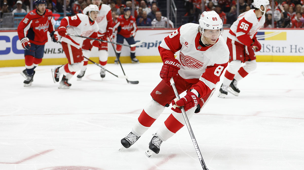 Detroit Red Wings right wing Patrick Kane (88) skates with the puck against the Washington Capitals in the first period at Capital One Arena.