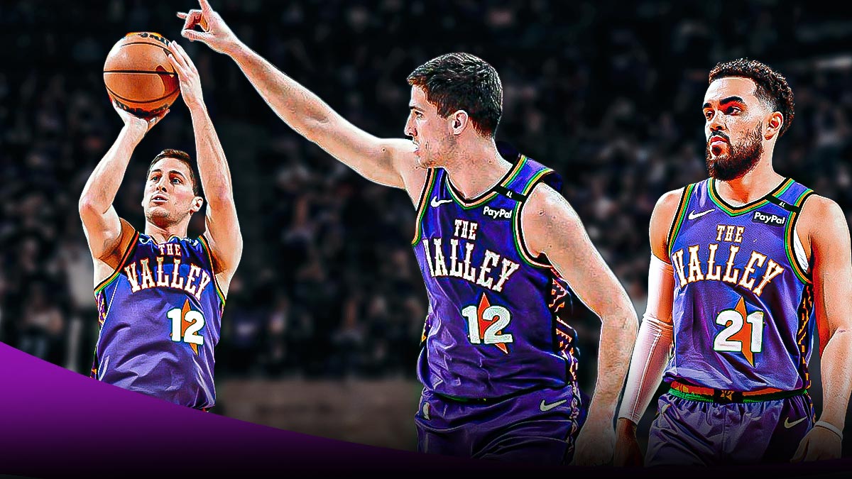 Collin Gillespie looking hyped, and Gillespie shooting a 3-pointer, with Tyus Jones standing next to him and a background of the Suns home arena.