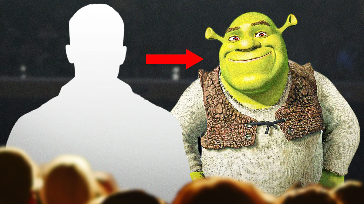 Silhouette of WWE star Grayson Waller, who called a fan in Scotland Shrek, next to the character.