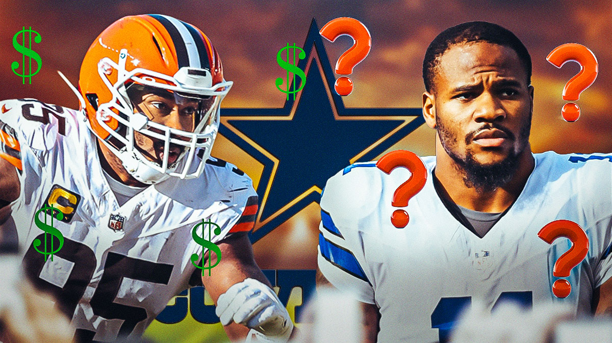 Browns edge rusher Myles Garrett is on one side of the image surrounded by green dollar sign emojis. On the other side is Cowboys linebacker Micah Parsons surrounded by question mark emojis. There is also a logo for the Dallas Cowboys.