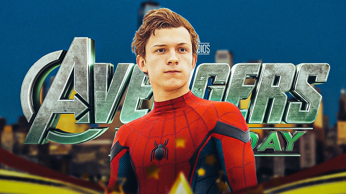 Tom Holland as Marvel's Spider-Man with Avengers: Doomsday logo and New York City skyline background.