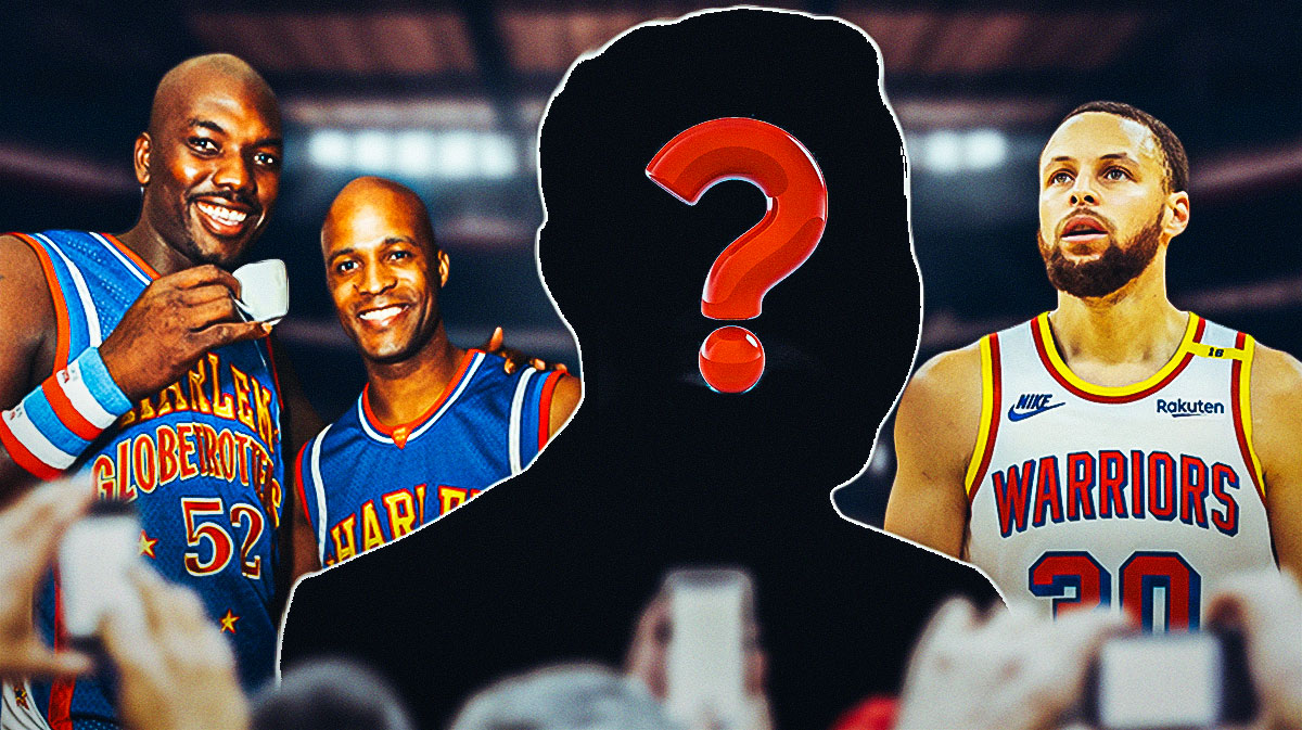 Image of the Harlem Globetrotters, Steph Curry and a silhouette of Globetrotters founder Abe Saperstein in the middle