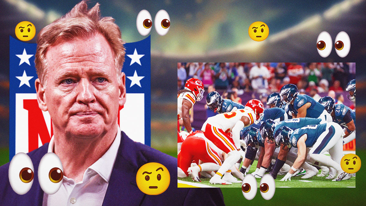 NFL logo behind commissioner Roger Goodell next to a display of a photo of the Tush Push, indicating a possible ban. Multiple 👀 and 🤨 in background. Background is NFL field.