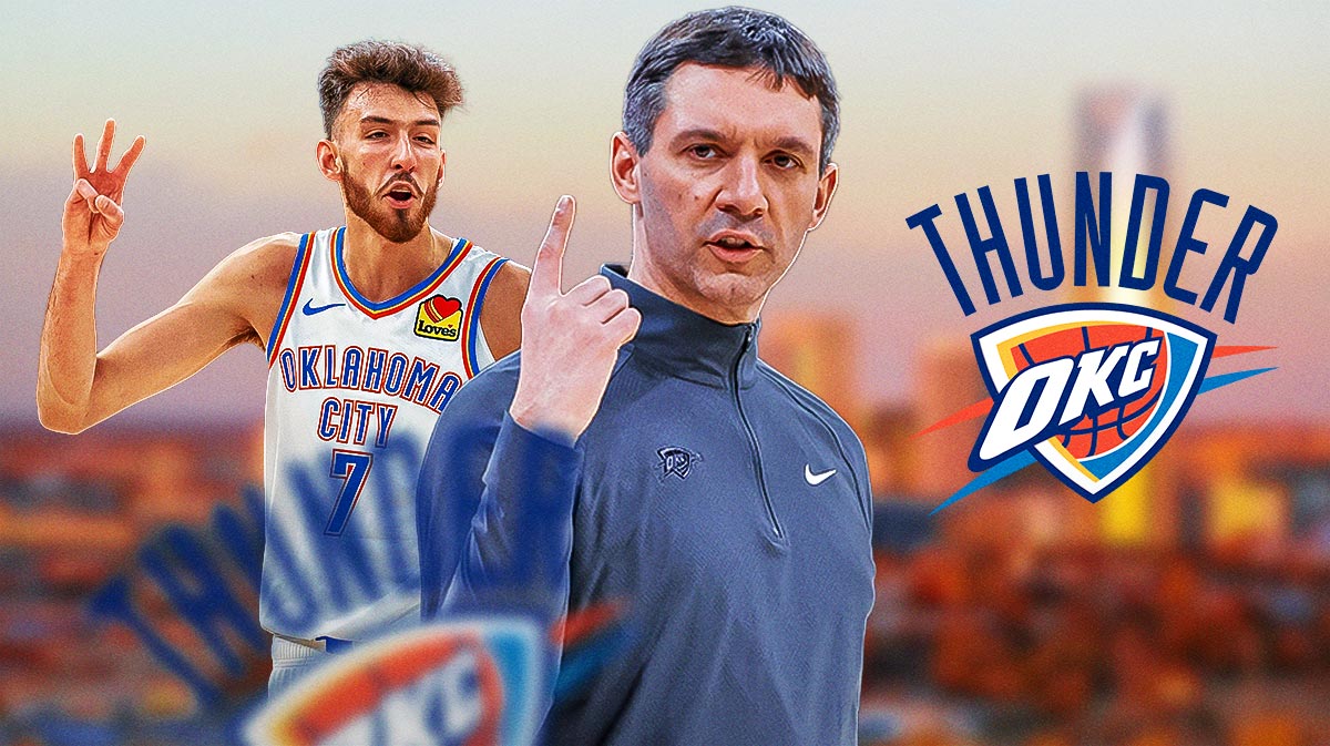 Thunder head coach Mark Daigneault next to Thunder forward Chet Holmgren with the Thunder logo and the Oklahoma City skyline in the background