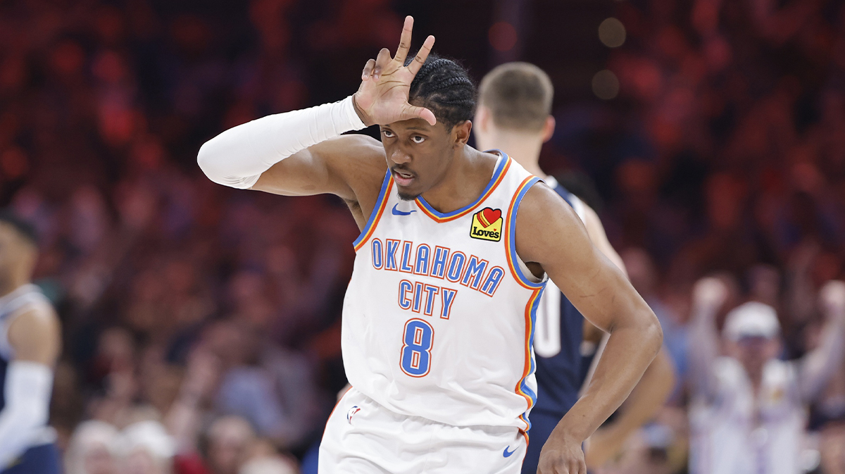 Thunder forward Jalen Williams (8) gestures after scoring a three point basket against the Denver Nuggets during the second quarter at Paycom Center