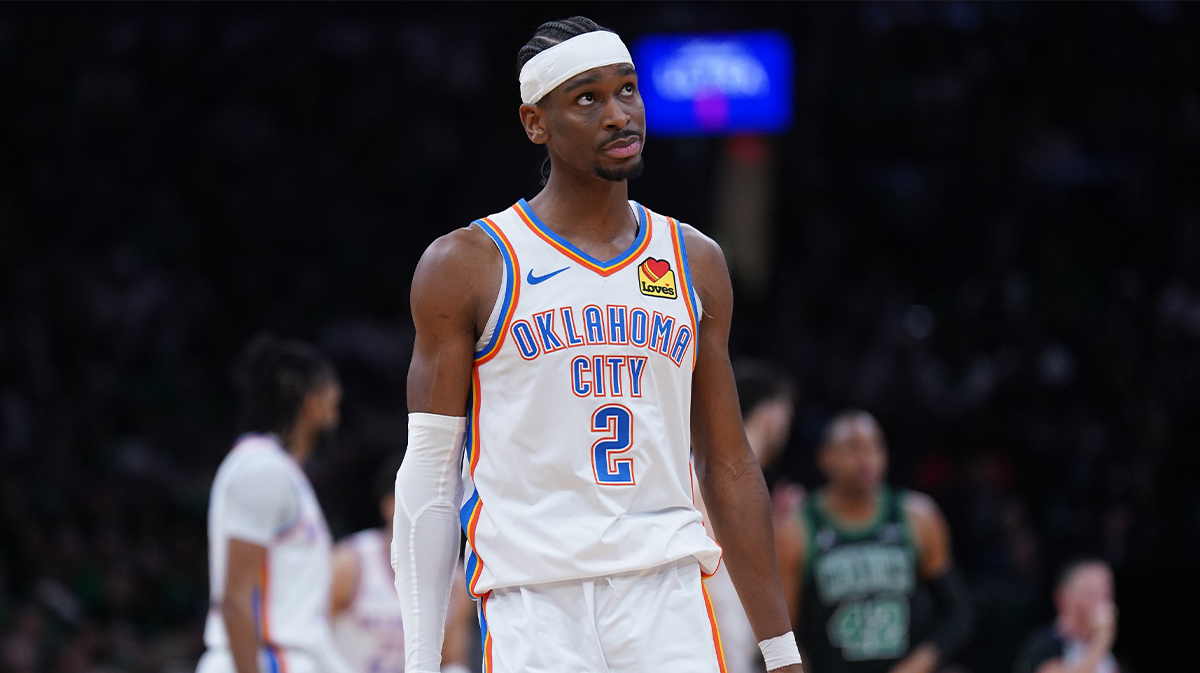 Thunder guard Shai Gilgeous-Alexander (2) returns up court against the Boston Celtics in the second quarter at TD Garden