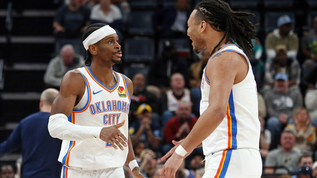 Thunder guard Shai Gilgeous-Alexander (2) reacts with forward Jaylin Williams (6) during the fourth quarter against the Memphis Grizzlies at FedExForum