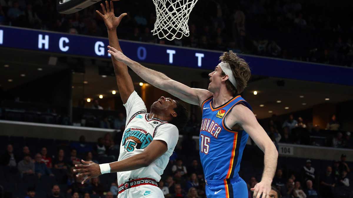 Thunder center Branden Carlson (15) defends during the fourth quarter at FedExForum