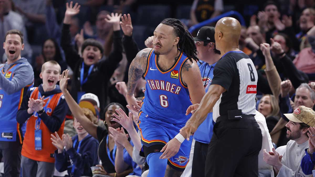 Thunder Next Jailin Williams (6) reacts after achieving points against the Blazers Portland Trail during the second half in Center Pacom