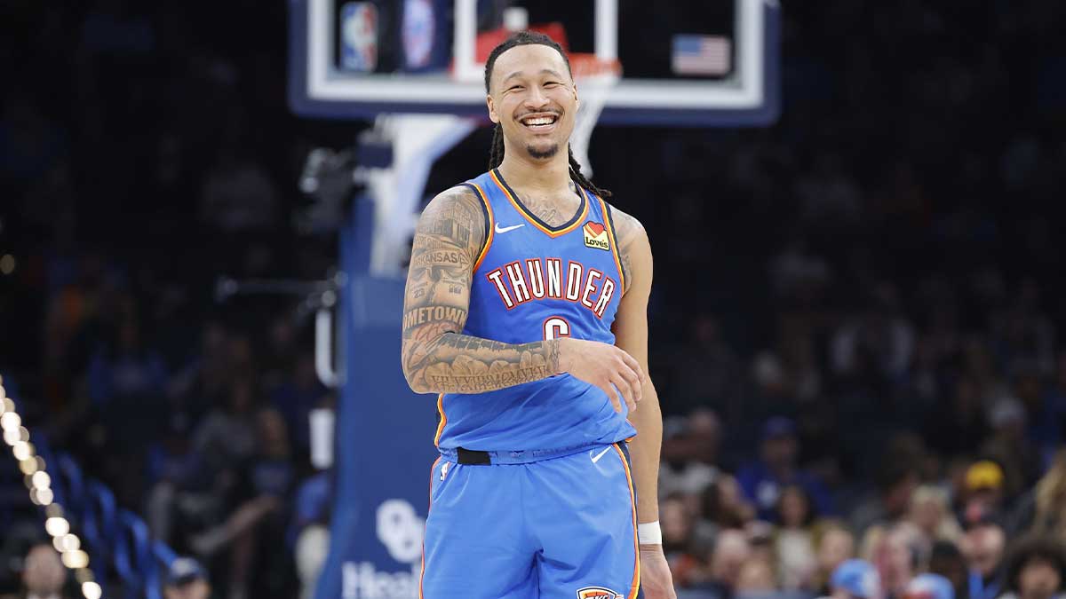 Thunder forward Jaylin Williams (6) smiles during a time out against the Philadelphia 76ers during the second half at Paycom Center