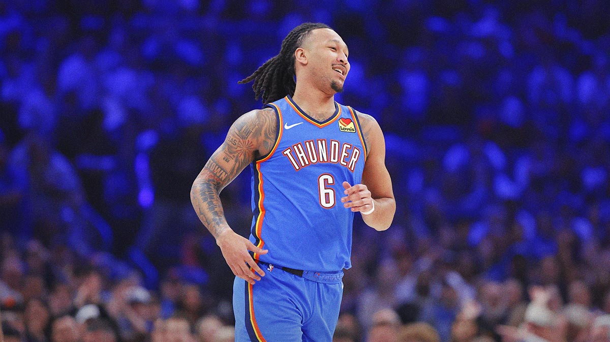 Thunder forward Jaylin Williams (6) runs down the court after scoring against the Philadelphia 76ers during the first quarter at Paycom Center
