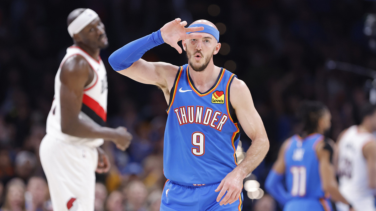 Thunder guard Alex Caruso (9) gestures after scoring against the Portland Trial Blazers during the second half at Paycom Center