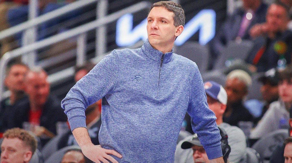 Thunder Master Mark Daignealt aside against Atlanta Hawks in the second quarter on the State Farm Arena