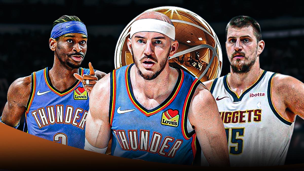 Thunder guard Alex Caruso in between Thunder All-Star Shai Gilgeous-Alexander and Nuggets All-Star Nikola Jokic with the MVP trophy in the background