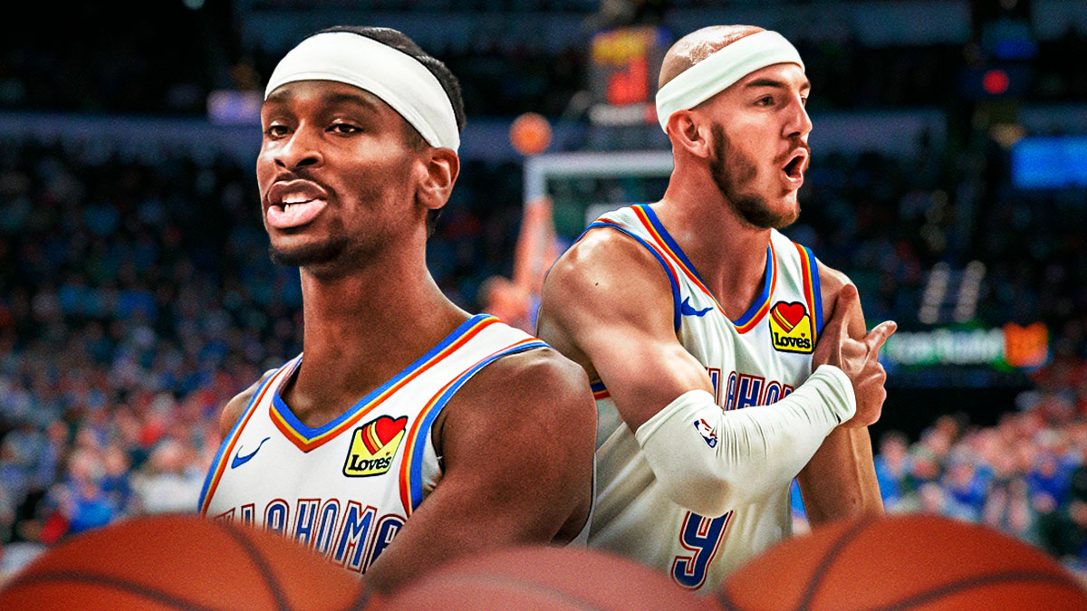 Oklahoma City Thunder stars Shai Gilgeous-Alexander and Alex Caruso in front of Paycom Center.
