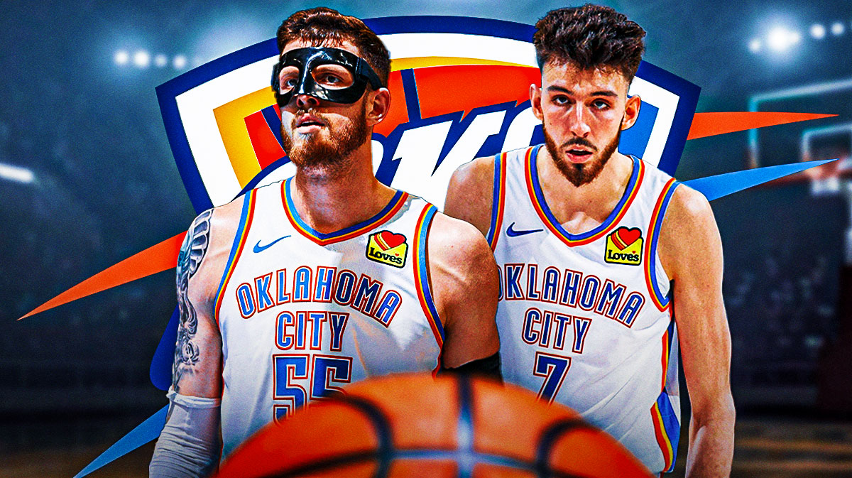 Thunder center Isaiah Hartenstein next to Thunder forward Chet Holmgren with the Thunder logo in the background