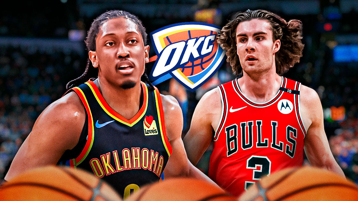 Thunder All-Star Jalen Williams next to Bulls guard Josh Giddey with the Thunder logo in the background