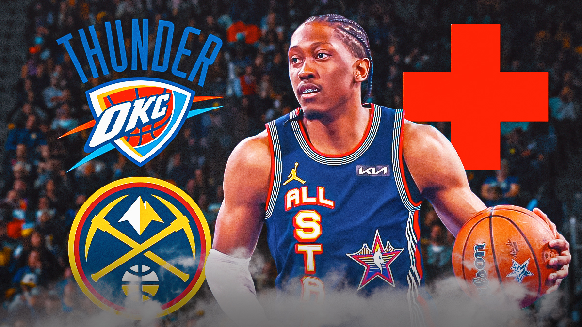 Thunder All-Star Jalen Williams with the Thunder and Nuggets logos next to him and a health symbol in the background