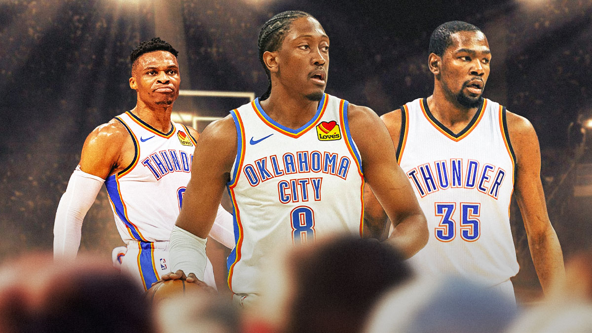Thunder All-Star Jalen Williams in between former Thunder guard Russell Westbook (in a Thunder uniform) and former Thunder forward Kevin Durant (in a Thunder uniform) with the Thunder logo in the background against the Spurs