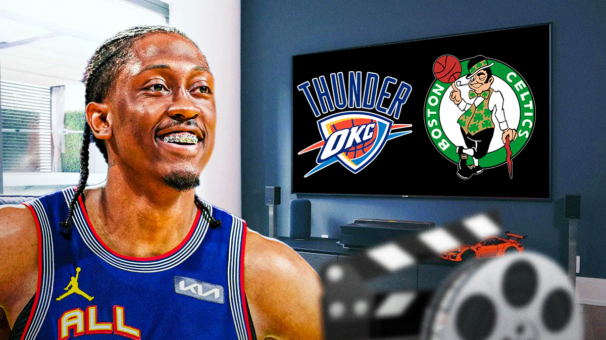 Thunder All-Star Jalen Williams on a couch watching a tv with the Thunder and Celtics logo in it