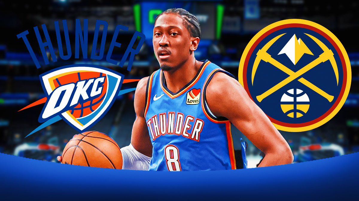 Thunder All-Star Jalen Williams next to the Thunder and Nuggets logos with the Paycom Center in the background