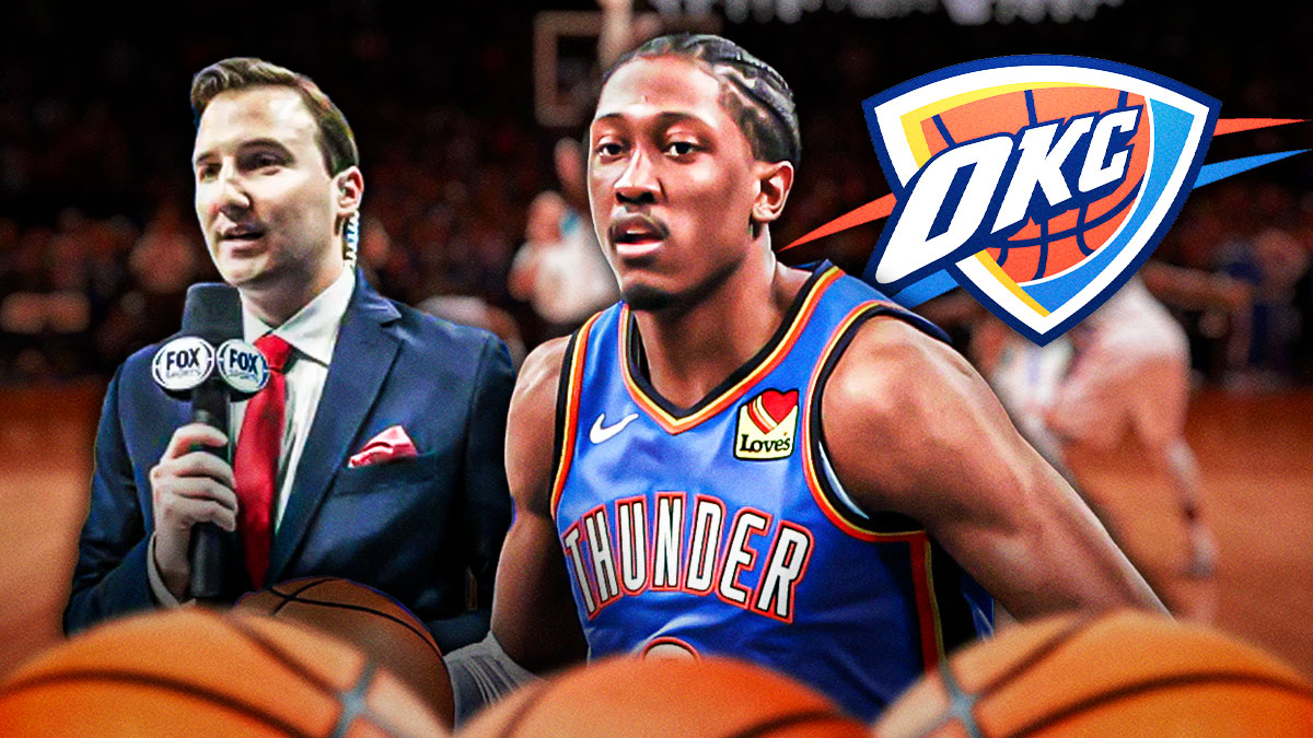 Thunder All-Star Jalen Williams next to Thunder sideline reporter Nick Gallo with the Thunder logo in the background