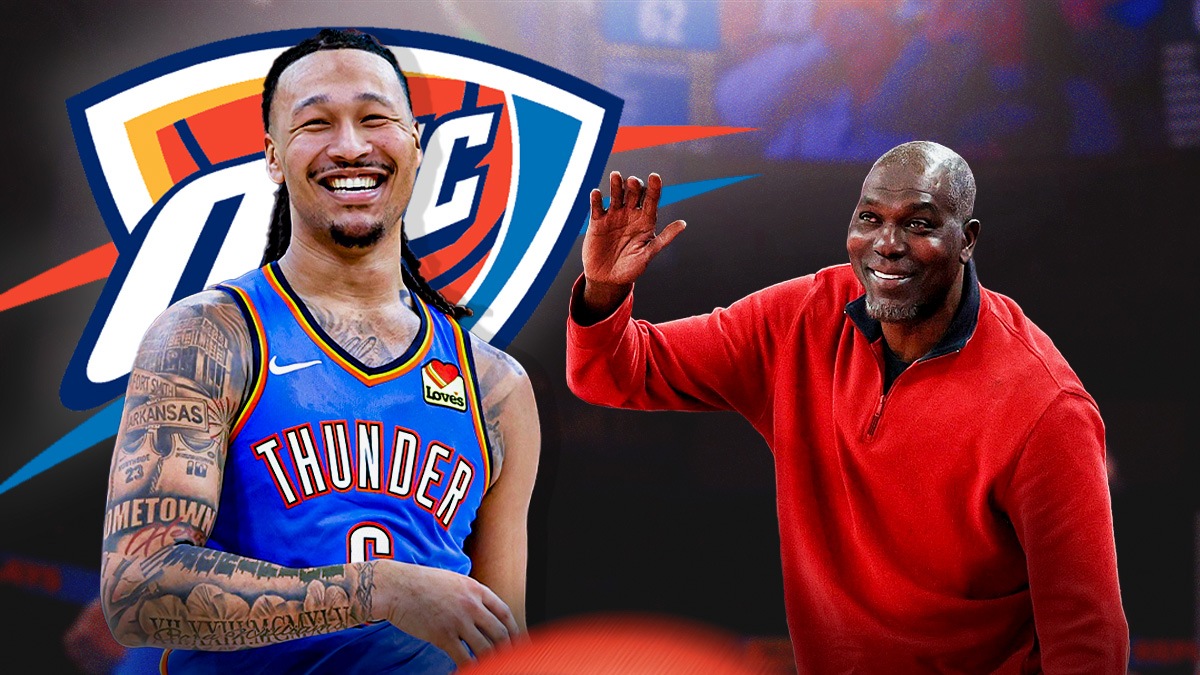 Thunder center Jaylin Williams next to the Thunder logo with Hall of Fame center Hakeem Olajuwon