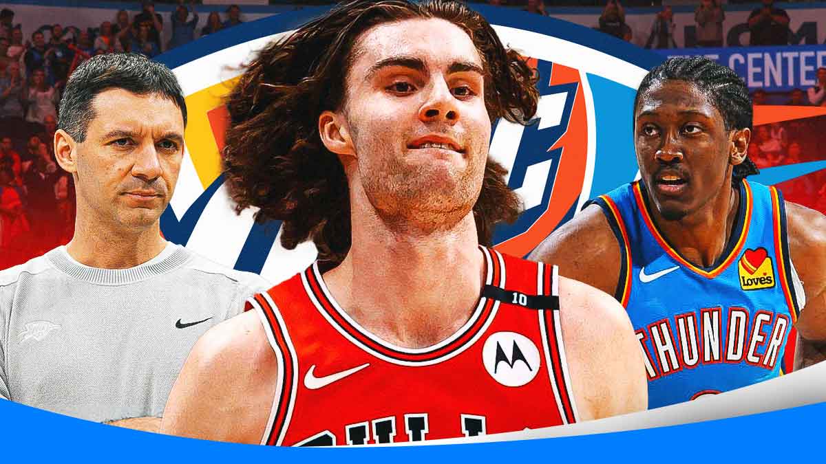 Bulls guard Josh Giddey next to Thunder head coach Mark Daigneault and Thunder All-Star Jalen Williams with the Thunder logo in the background