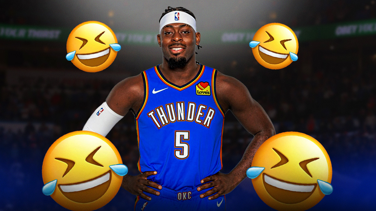 Featured Graphic idea: Image of OKC Thunder Luguentz Dort smiling, laughing emoji next to him