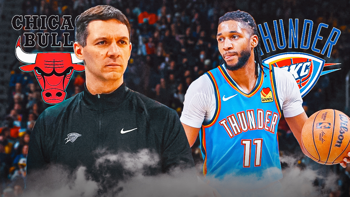 Thunder head coach Mark Daigneault next to Thunder guard Isaiah Joe with the Thunder and Bulls logos in the background