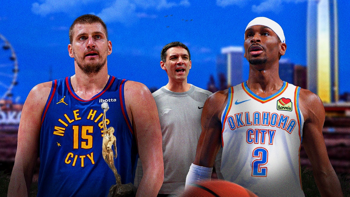 Thunder head coach Mark Daigneault in between Thunder All-Star Shai Gilgeous-Alexander and Nuggets All-Star Nikola Jokic with the MVP trophy and the Oklahoma City skyline in the background