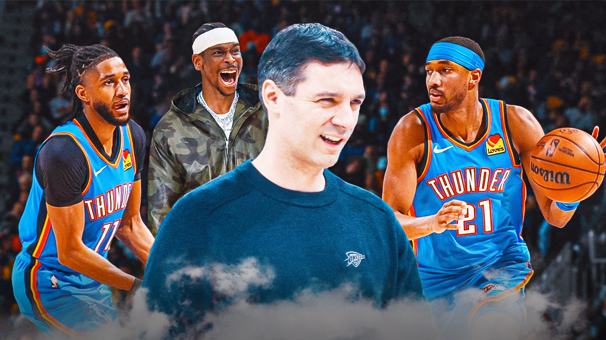 Thunder's Mark Daigneault smiling, with Aaron Wiggins and Isaiah Joe beside him and Shai Gilgeous-Alexander in casual clothes hyped up