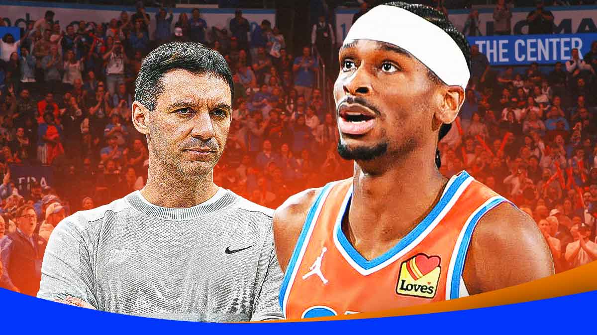 Mark Daigneault looking at Shai Gilgeous-Alexander. Thunder logo in the background.