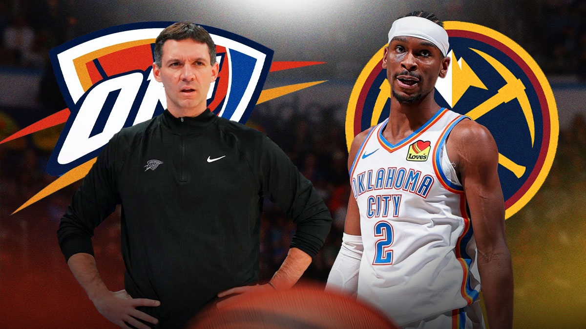 Thunder head coach Mark Daigneault next to Thunder All-Star Shai Gilgeous-Alexander with the Thunder and Nuggets logos in the background