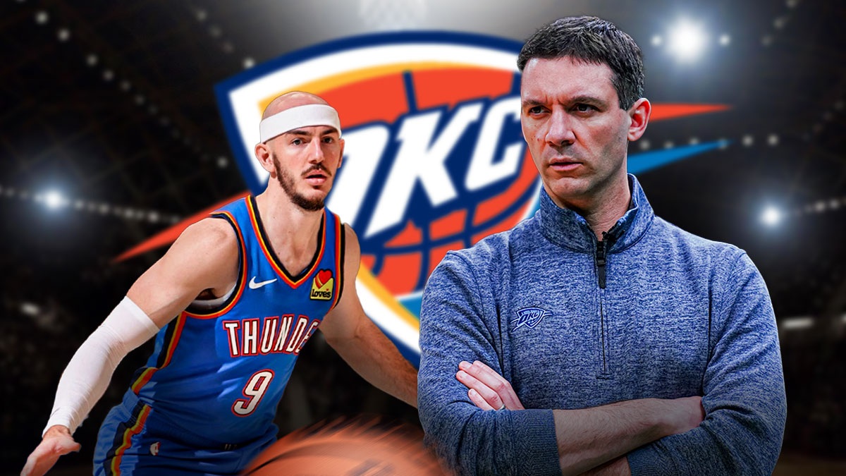 Thunder head coach Mark Daigneault next to Clippers guard Alex Caruso with the Thunder logo in the background